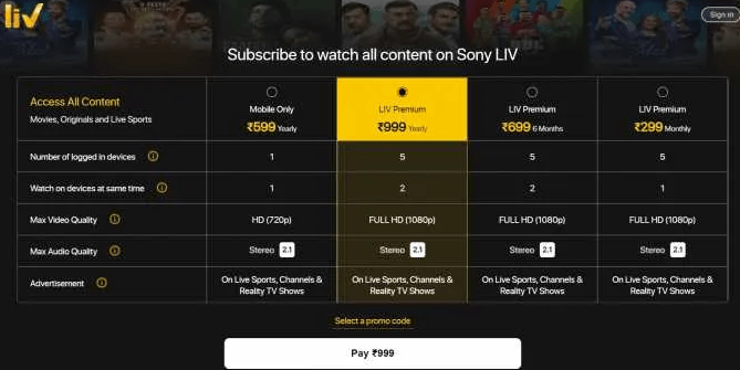 SonyLiv Pricing