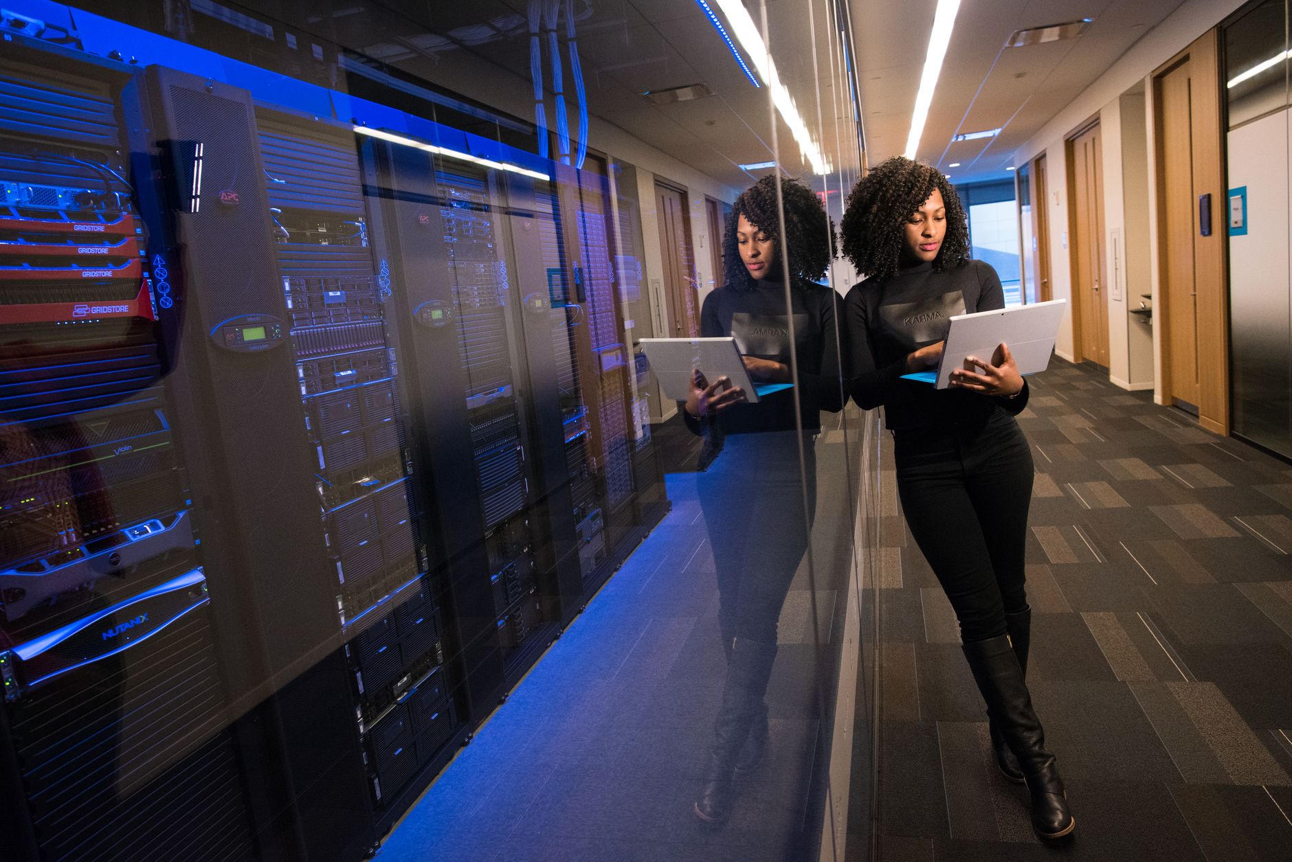 Network security engineer working on servers used to filter internet traffic